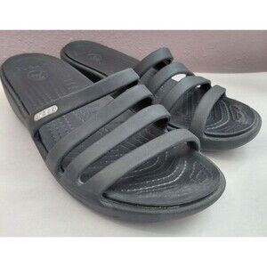 Crocs Rhonda Black Strappy Wedge Slip On Sandals Women's Size 7